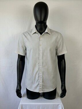 MICHAEL KORS Men Slim Fit Stretch All Over MK Print Short Sleeve Button Up Sz L
